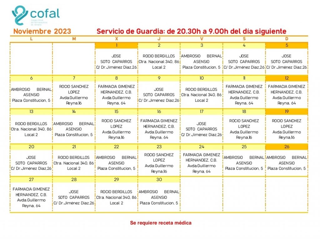 Farmacia de Guardia Diciembre 2023 Huercal-Overa